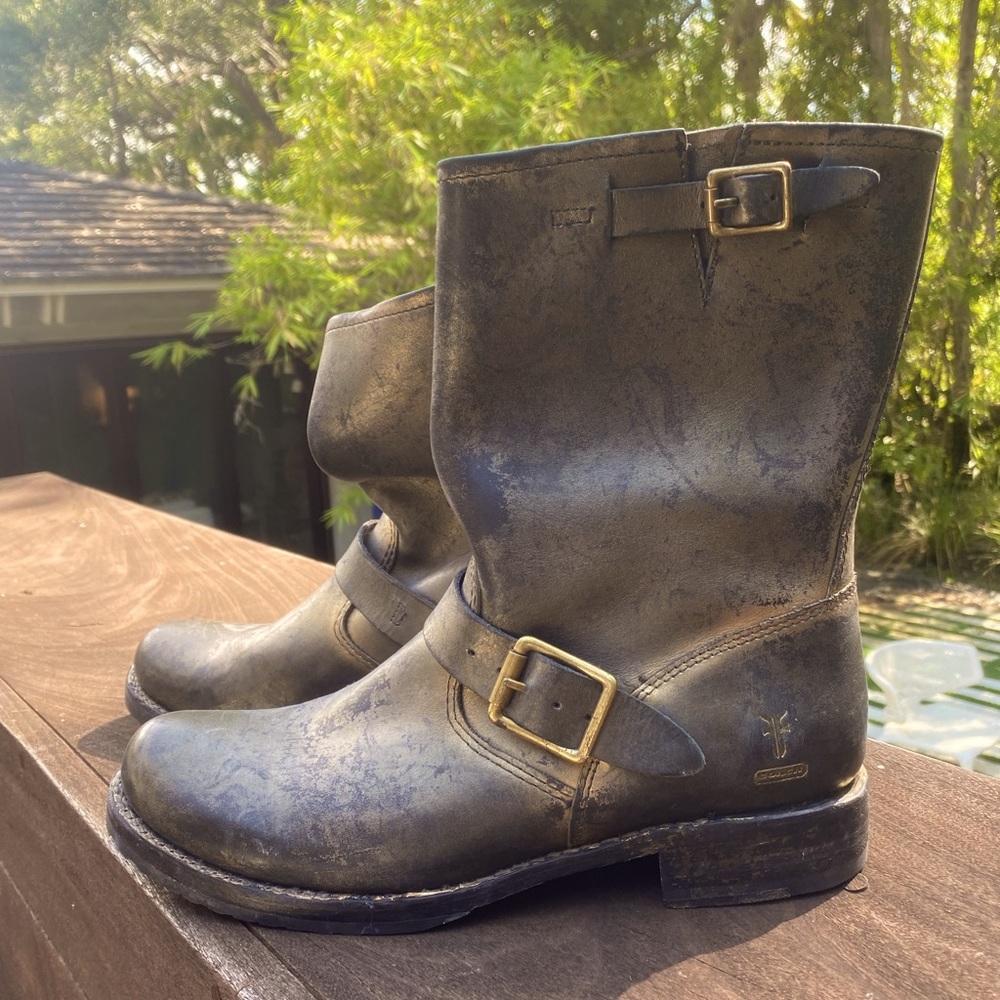Amazing Frye/ Coach collaboration moto booties in black and gold!!